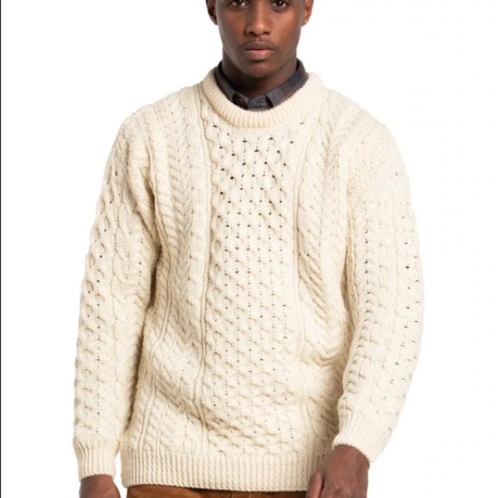 Rue Saint Patrick Mens Cable Knit Fisherman Sweater Made In Ireland Worsted Wool
